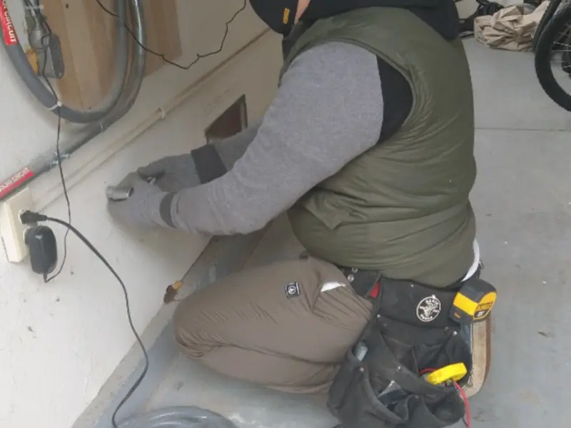 Electrician performing outlet wiring in a Oakfield garage